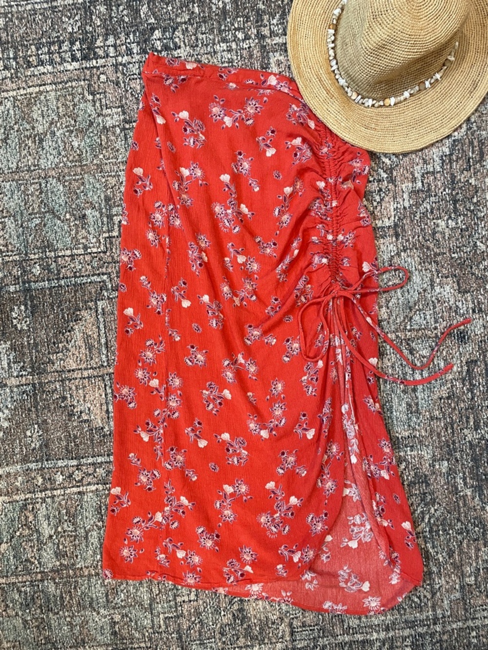 Cotton On Orange Floral Midi Skirt Ruched Tie Slit Summer Boho Size S